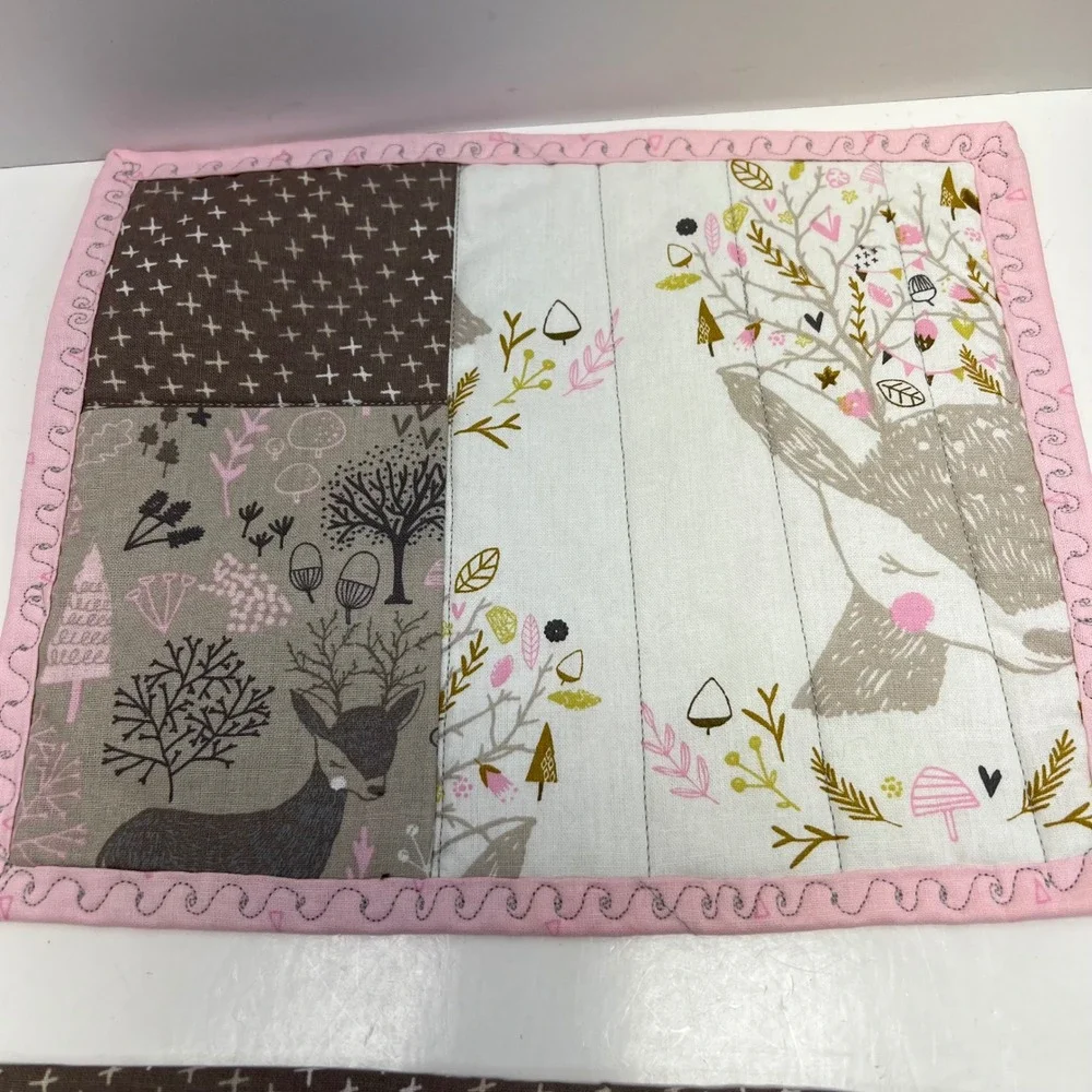 Handmade Woodland Deer Bunny‎ Kids Placemats Set of 4 Pink Brown Reversible 10x8